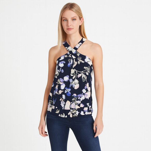 White House Black Market Tops - NWT White House Black Market Cross Halter Top Bouquet Mix Twilight Navy #WHBM41